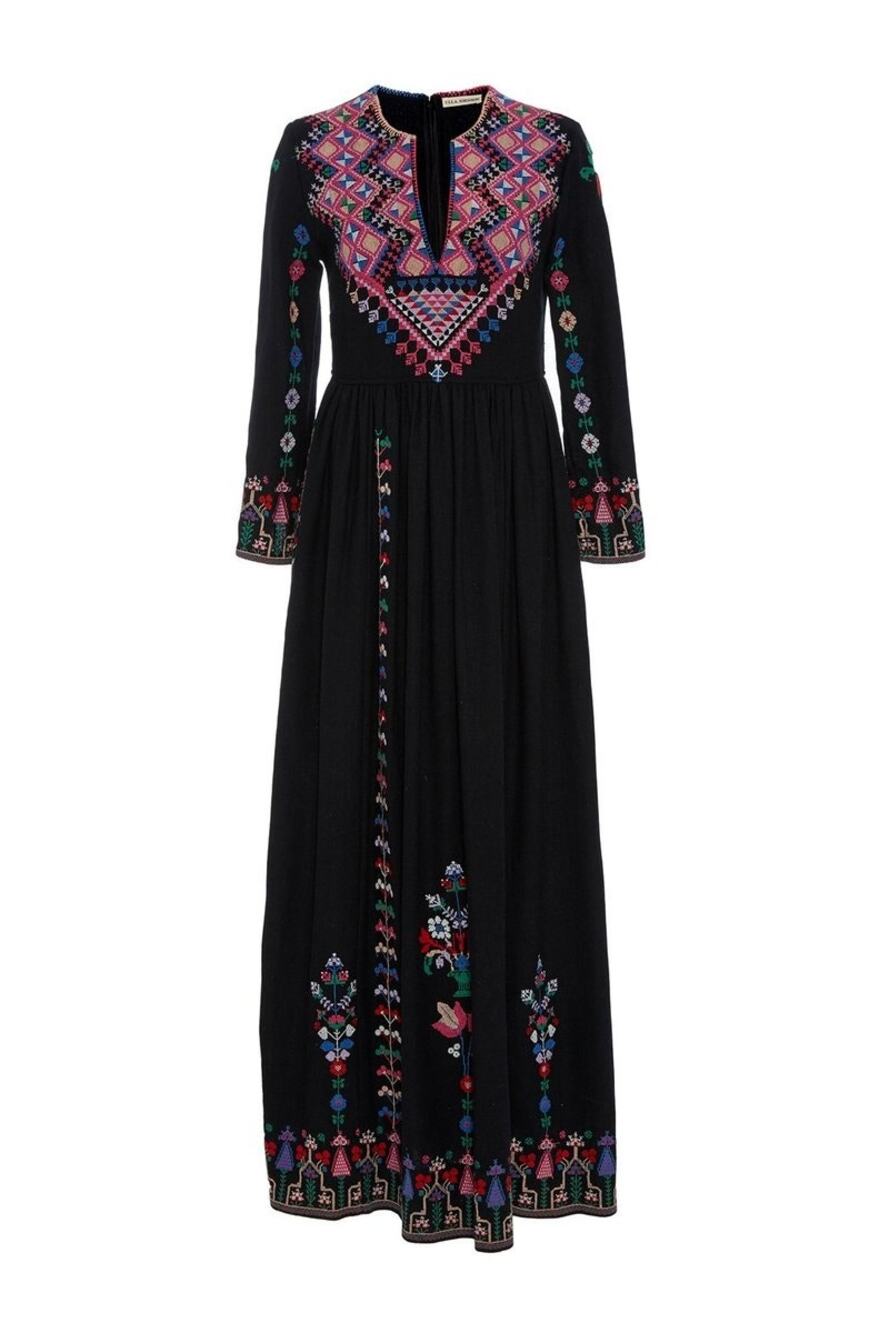 Ulla Johnson Irina Dress Black Folk Embroidered Silk Maxi Size 4